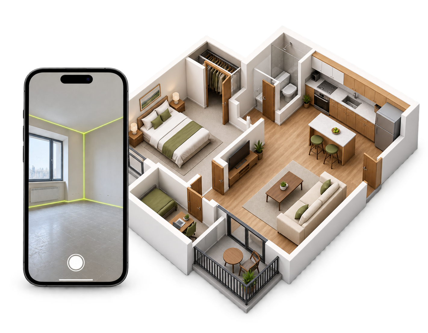 Сканирование комнаты на iPhone и иллюстративный пример 3D-квартиры с добавленной мебелью